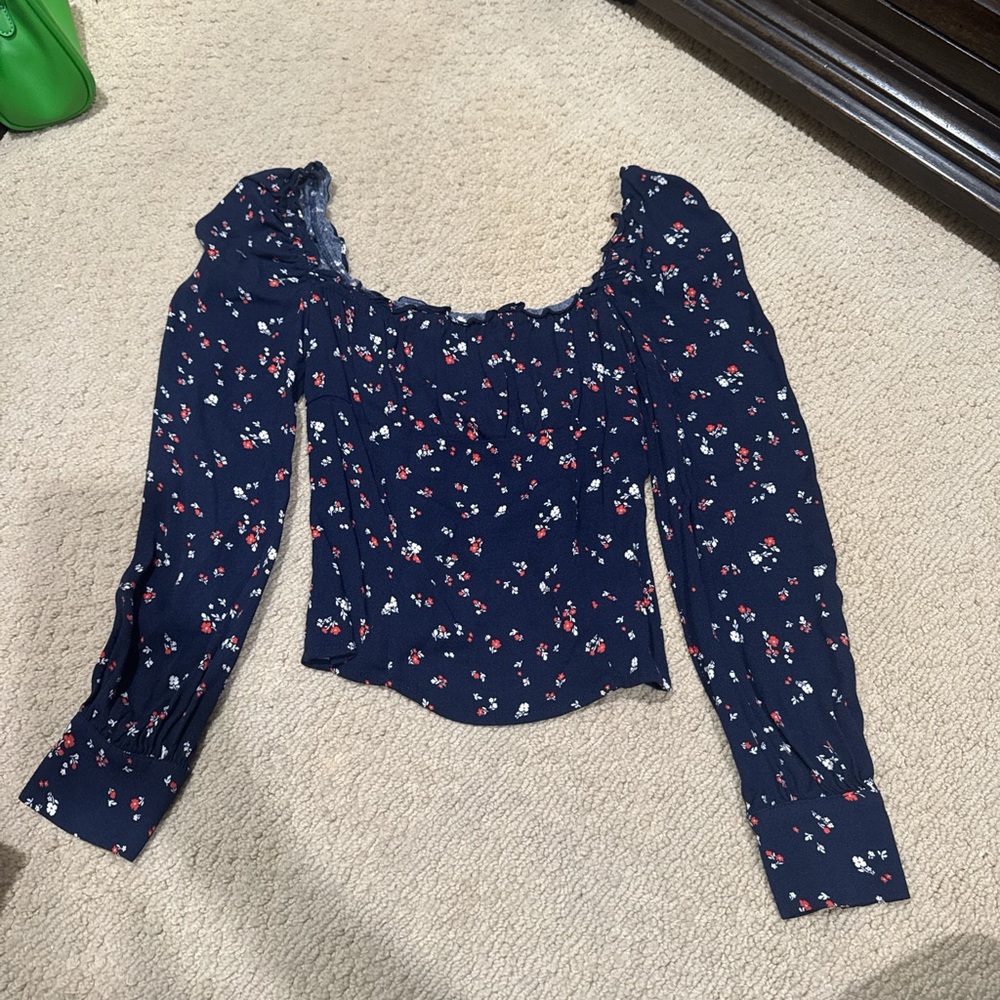 Reformation Blue Smocked Crop Top with Long Sleeves